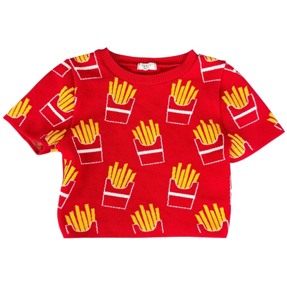 French Fries Novelty Knit Crop Top Sweater XS Red Made in USA Playful Kidcore